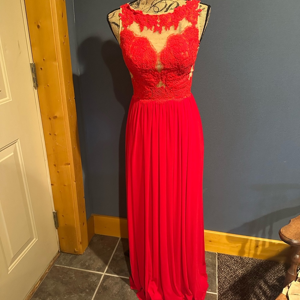 Gorgeous Red Lace Sherri Hill Gown with Open Back